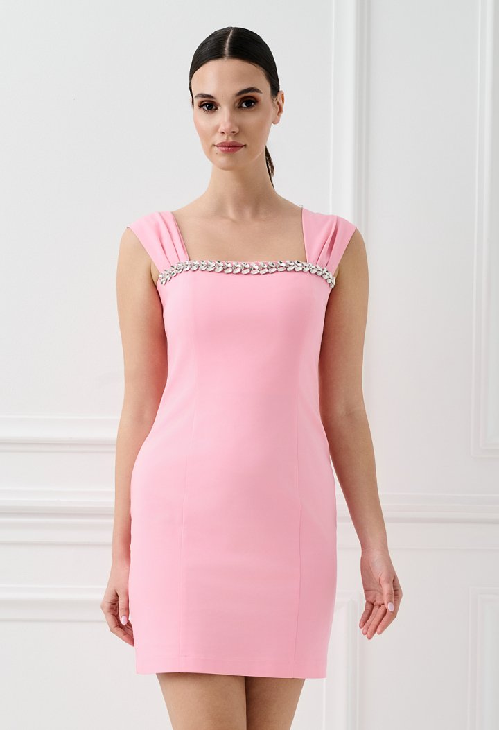 Mini dress with rhinestone detail at the neckline