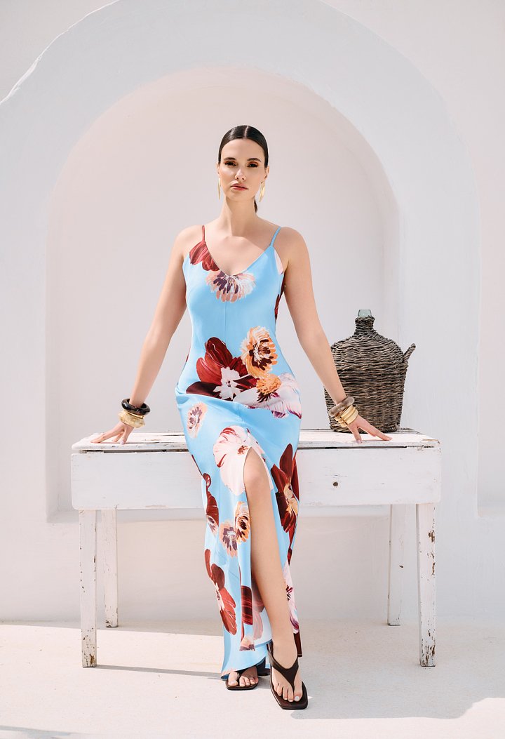 Maxi satin floral dress with straps in light blue
