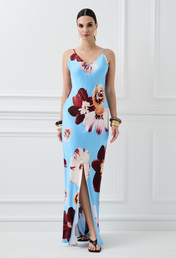 Maxi satin floral dress with straps in light blue