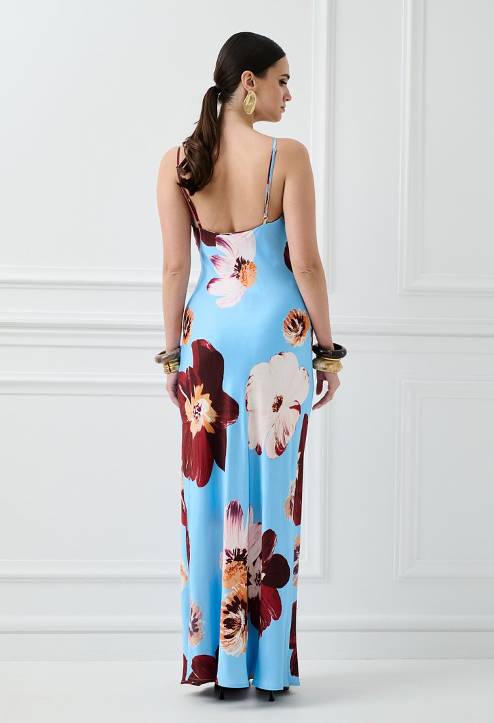 Maxi satin floral dress with straps in light blue