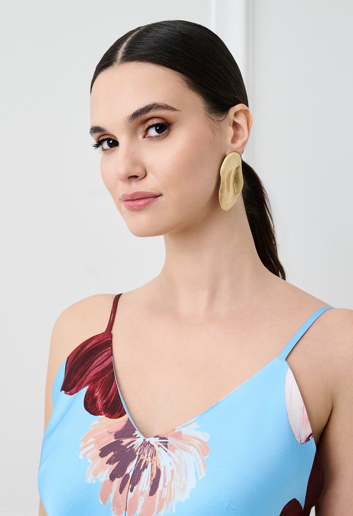 Maxi satin floral dress with straps in light blue