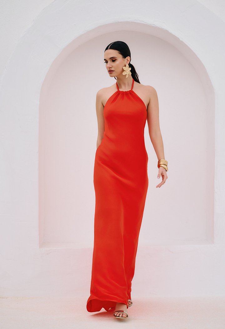 Red halter maxi dress
