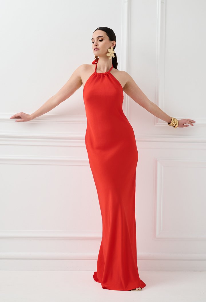 Red halter maxi dress