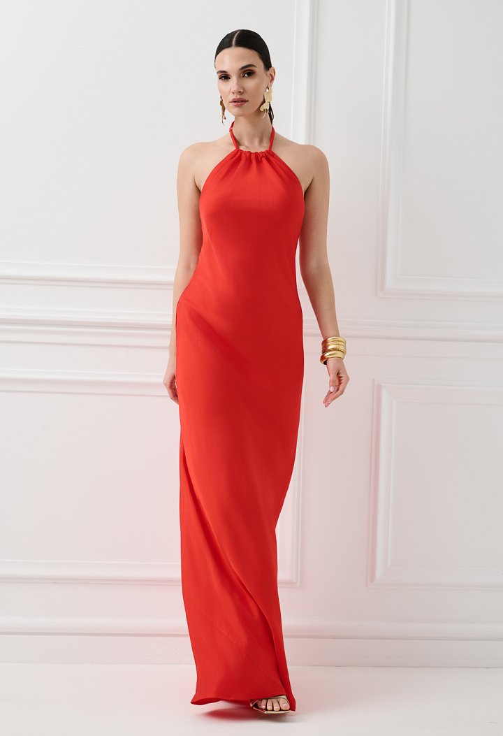 Red halter maxi dress