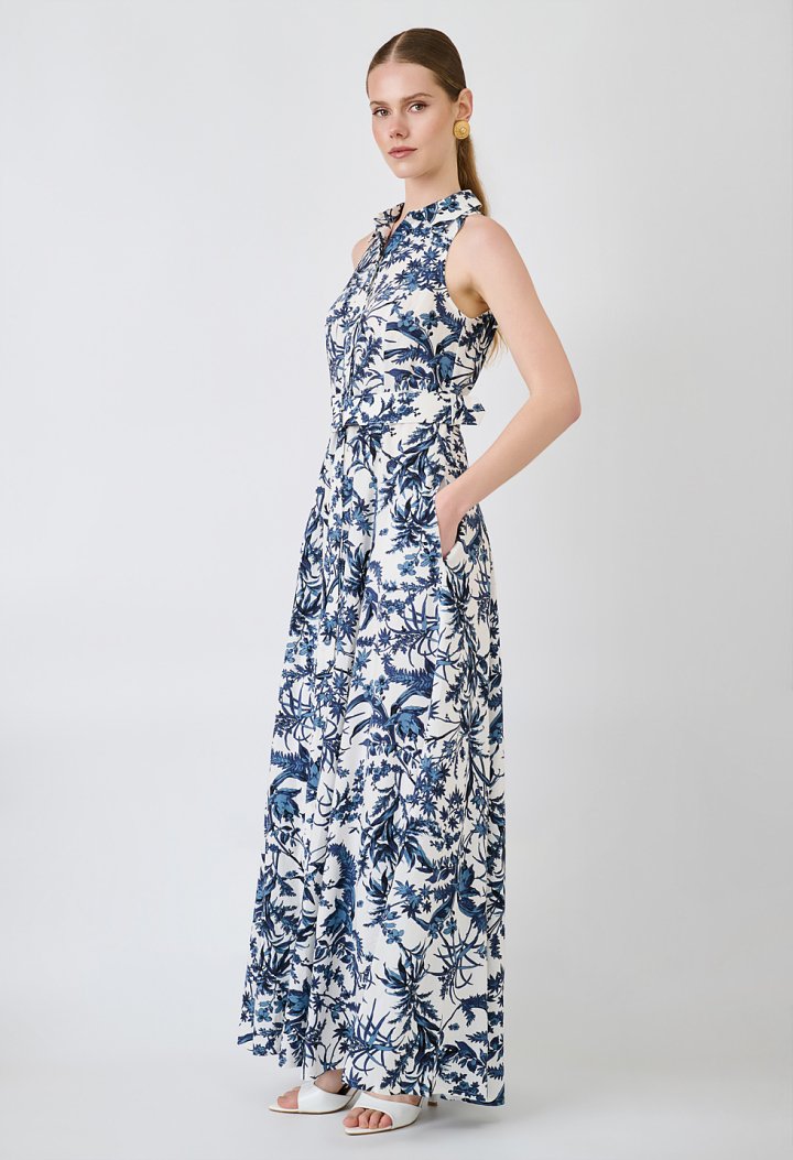 Floral maxi dress with collar and belt