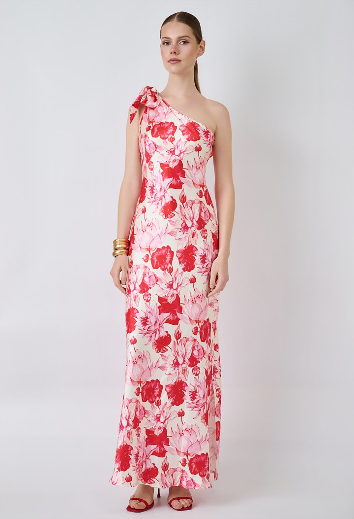 Floral one-shoulder maxi dress with a bow
