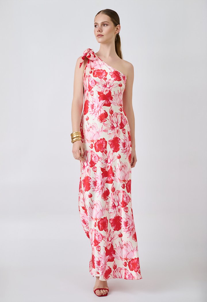 Floral one-shoulder maxi dress with a bow