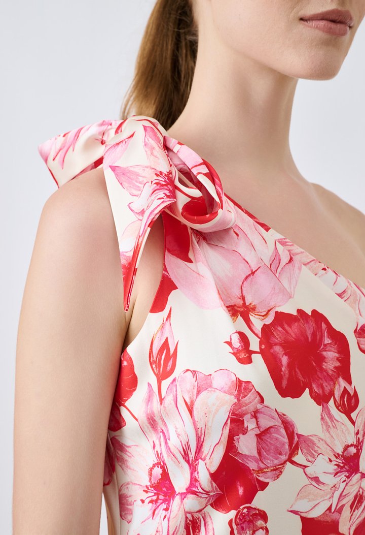Floral one-shoulder maxi dress with a bow