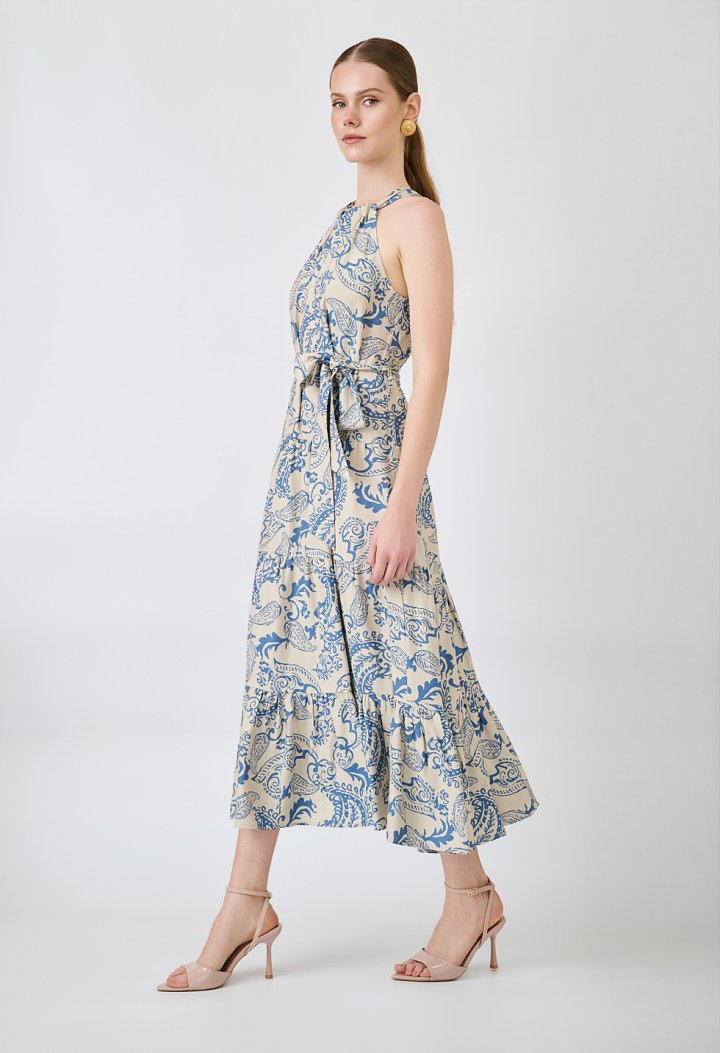 Printed halter midi dress with belt