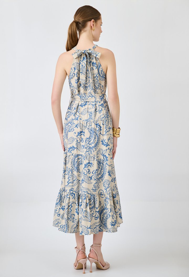 Printed halter midi dress with belt