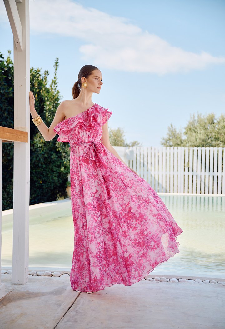 One-shoulder ruffled maxi dress