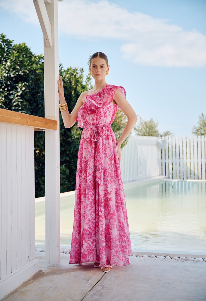 One-shoulder ruffled maxi dress