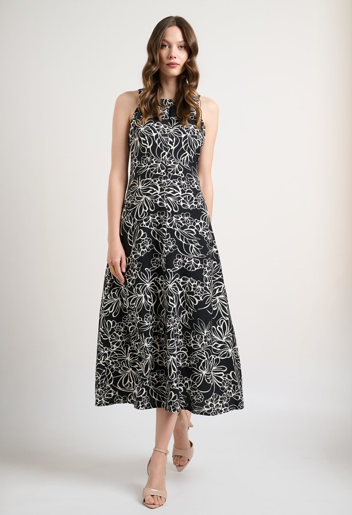 Sleeveless midi dress with a black and white floral print