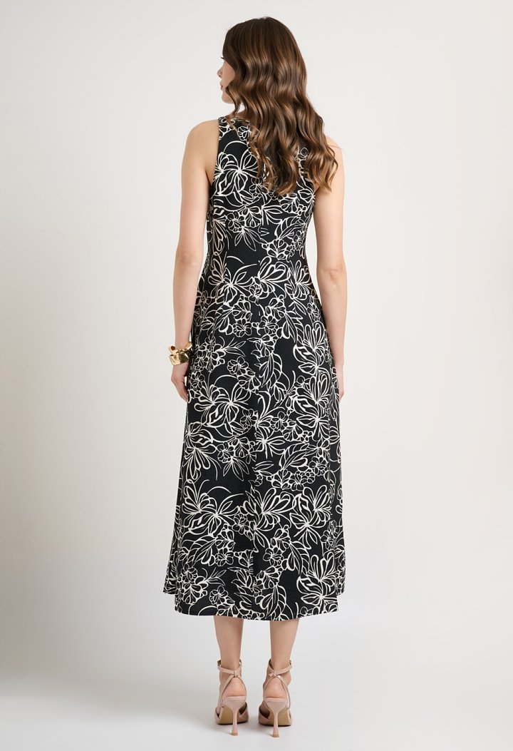 Sleeveless midi dress with a black and white floral print
