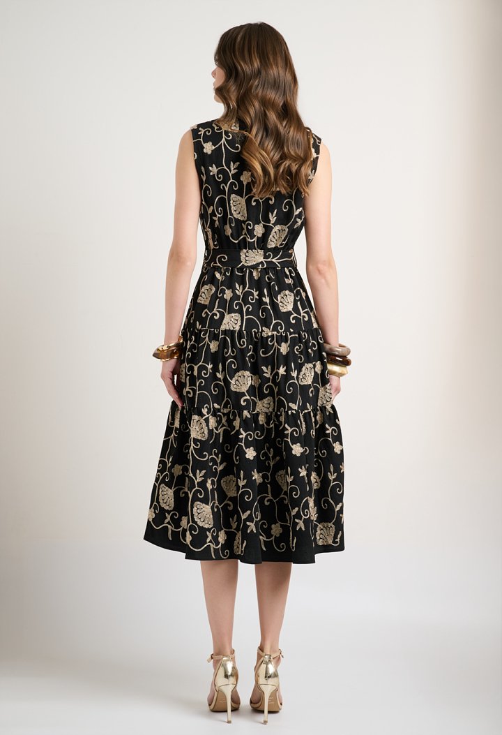 Midi dress with embroidery and belt