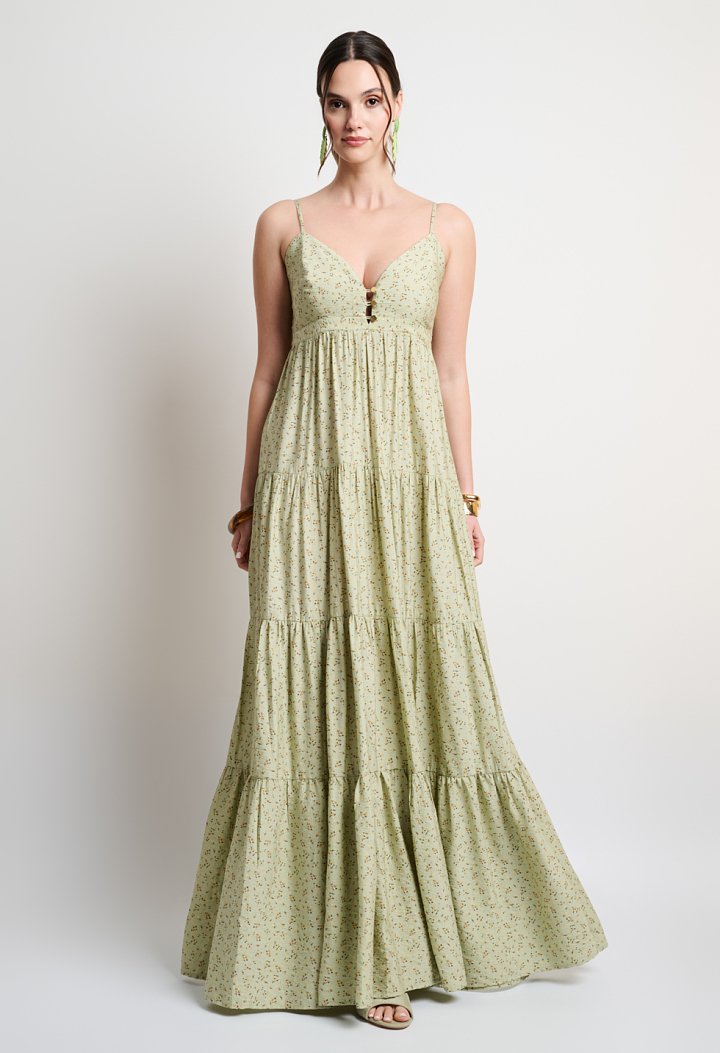 Long floral dress with shoulder straps and a shirred back