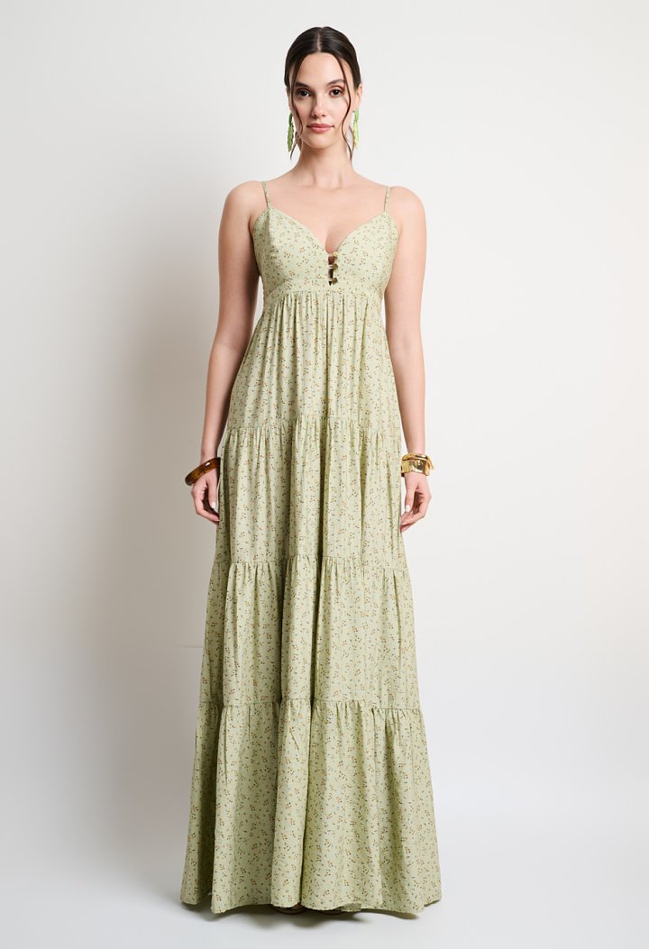 Long floral dress with shoulder straps and a shirred back
