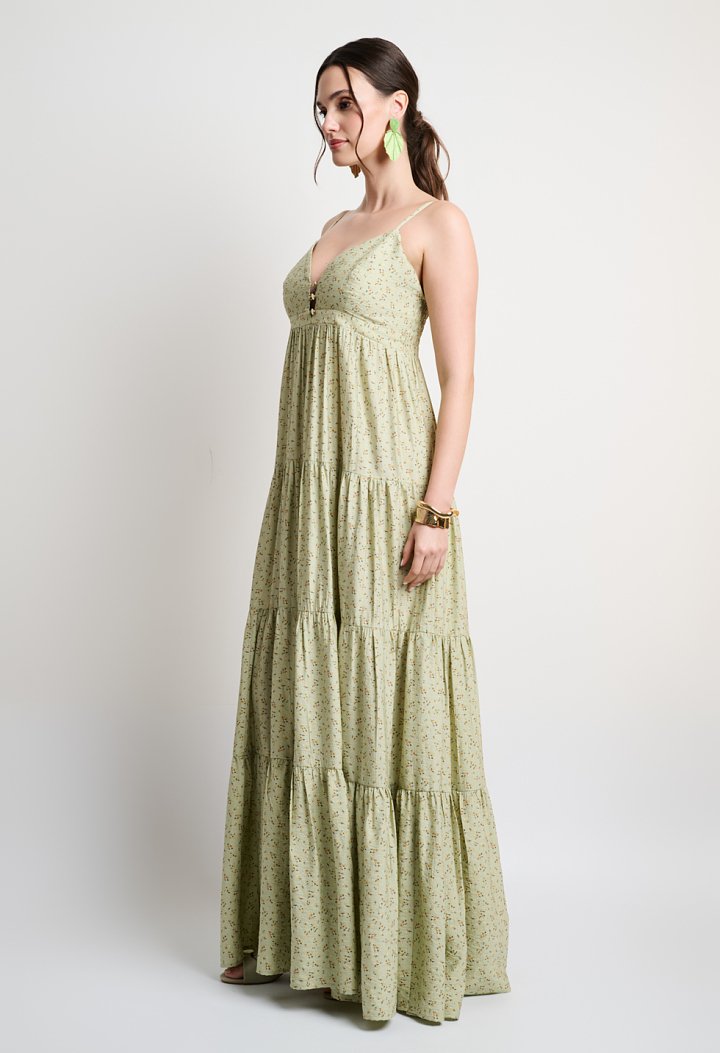 Long floral dress with shoulder straps and a shirred back