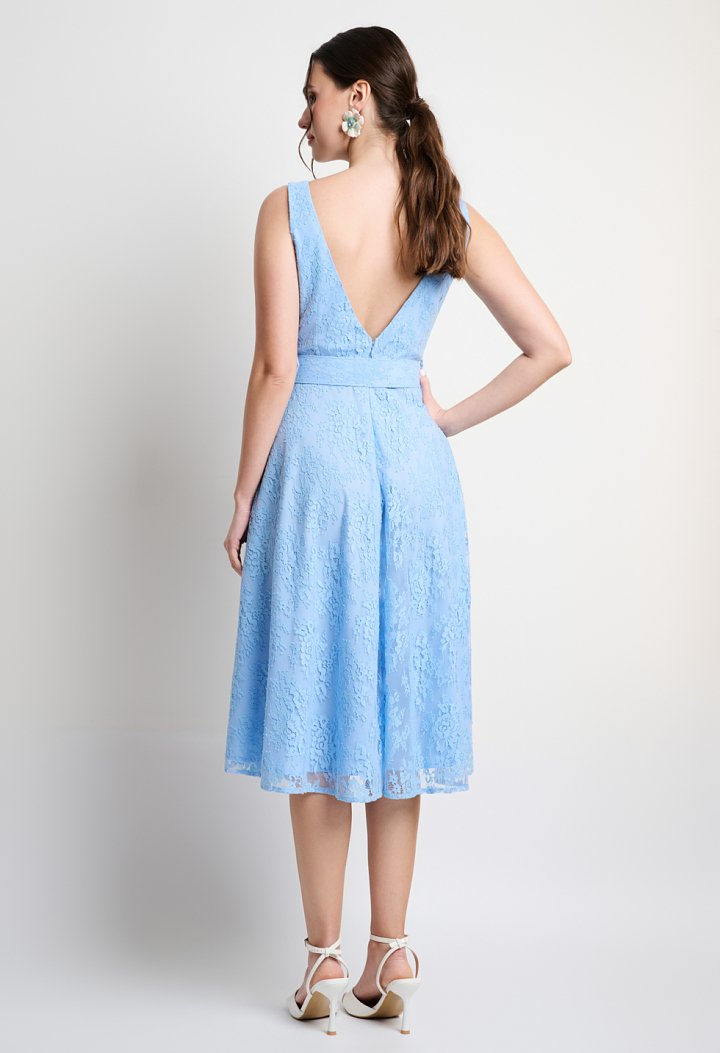 Lace midi dress with belt and V-back