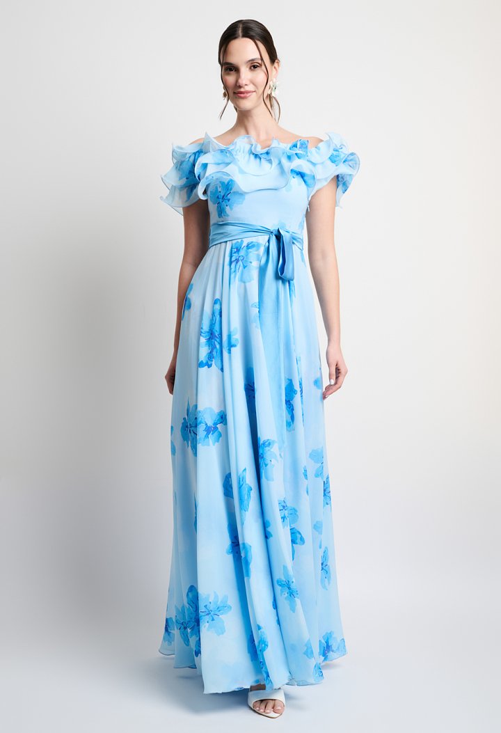 Sky blue floral maxi dress with ruffles
