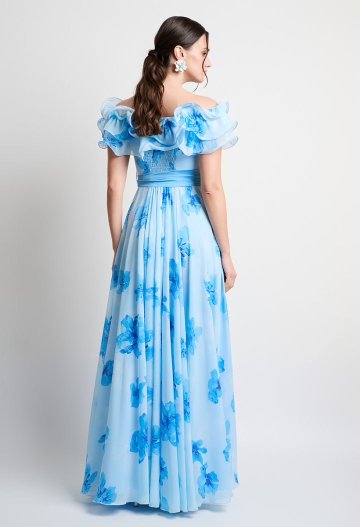 Sky blue floral maxi dress with ruffles