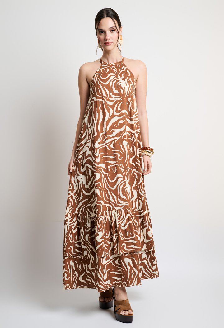 Printed halter maxi dress with ruffle details in brown tones