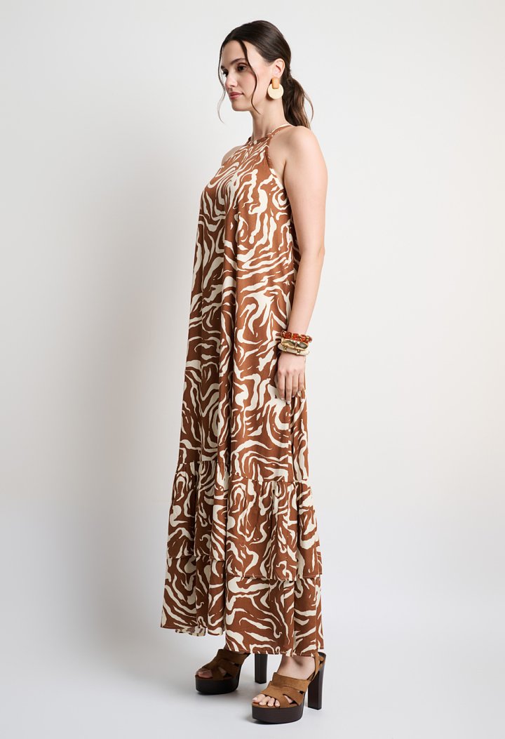 Printed halter maxi dress with ruffle details in brown tones