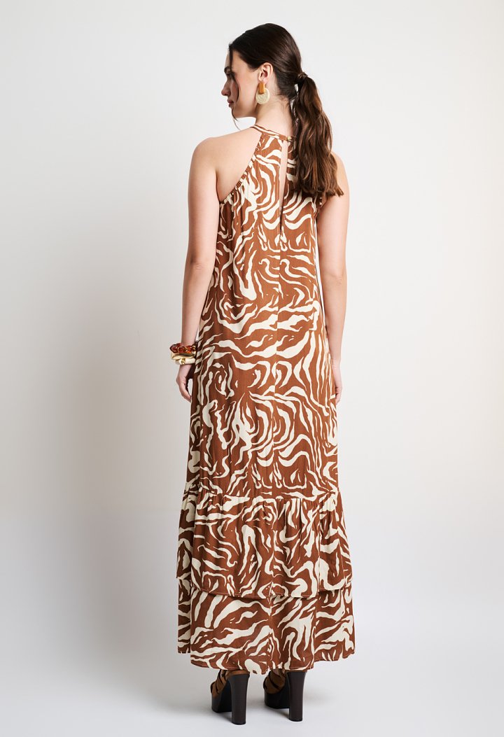 Printed halter maxi dress with ruffle details in brown tones