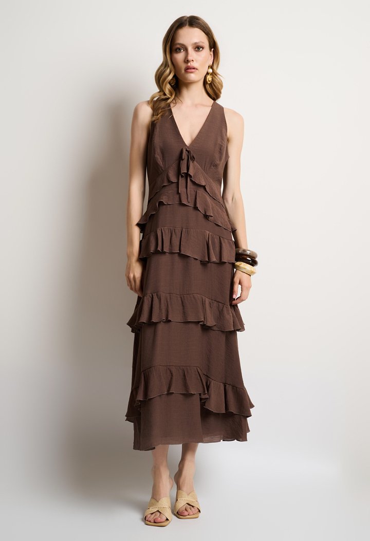 Ruffled midi dress with a V-neckline