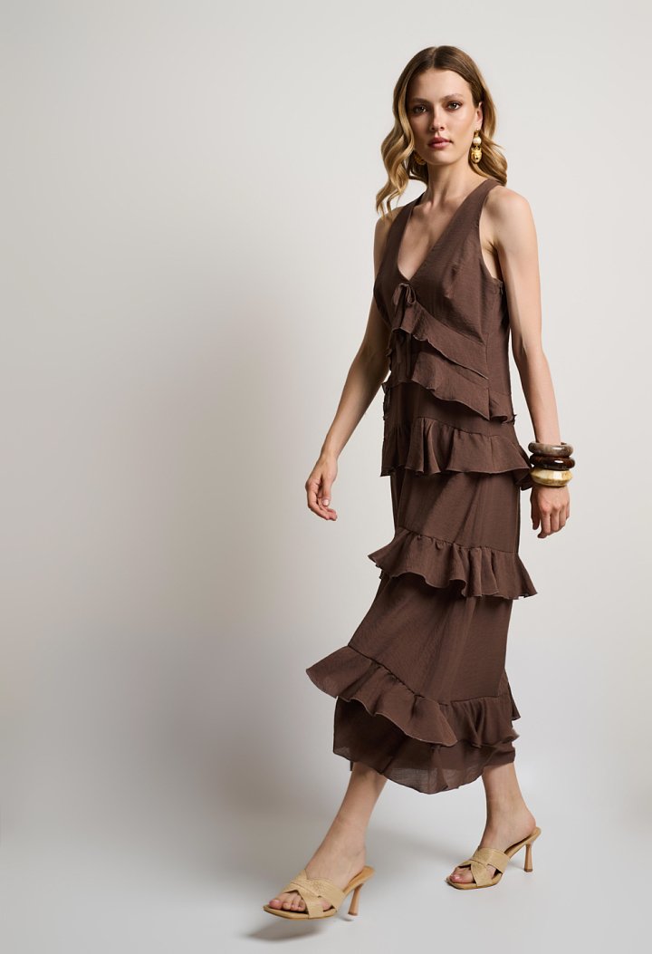 Ruffled midi dress with a V-neckline