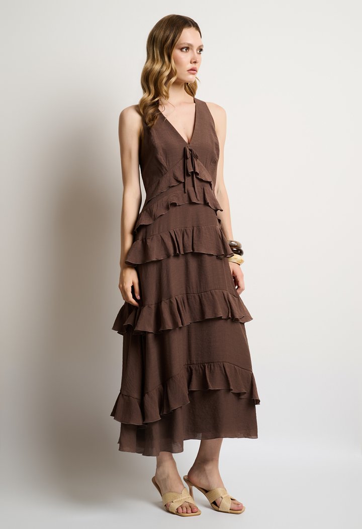 Ruffled midi dress with a V-neckline