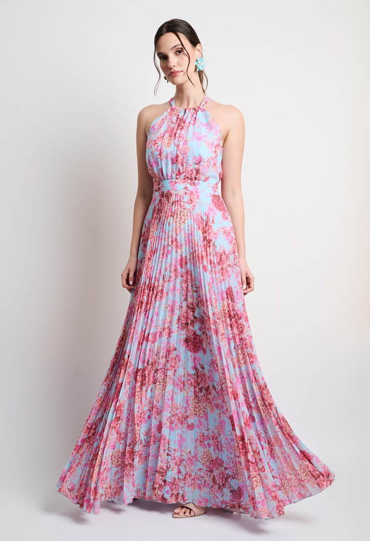Floral pleated maxi dress with a halter neckline