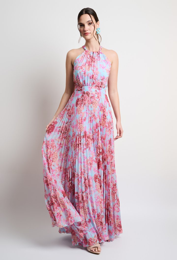 Floral pleated maxi dress with a halter neckline