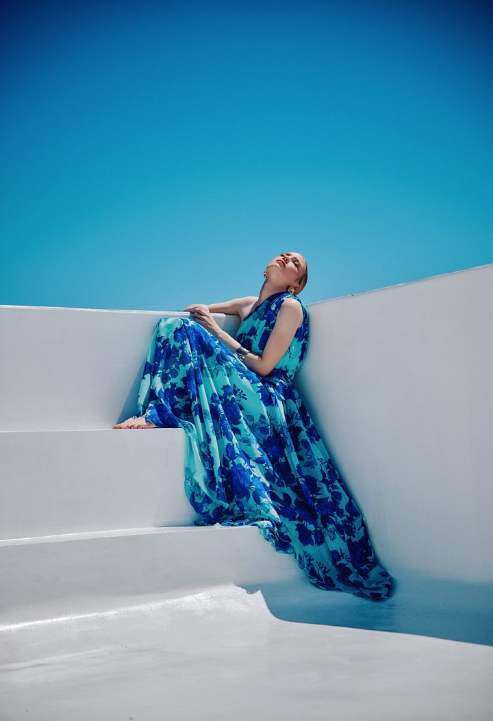 Maxi floral one-shoulder dress with belt
