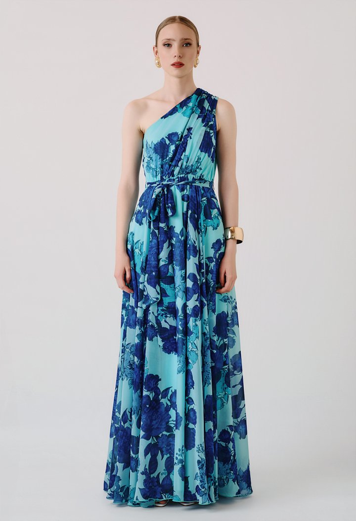 Maxi floral one-shoulder dress with belt