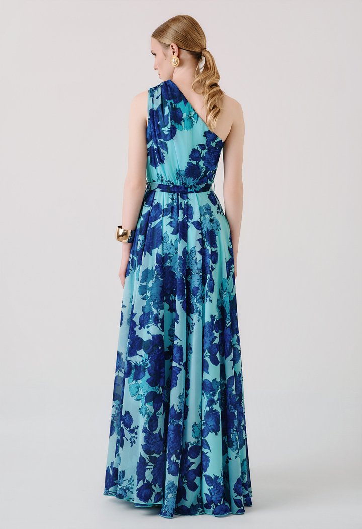 Maxi floral one-shoulder dress with belt