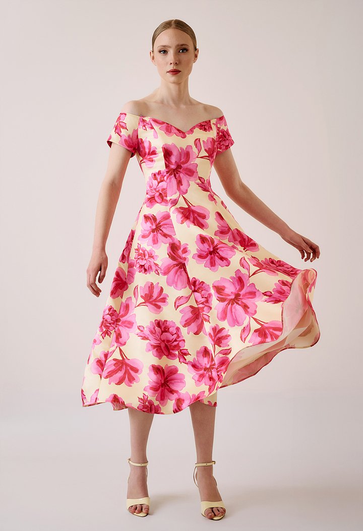 Floral midi dress with off-shoulder design