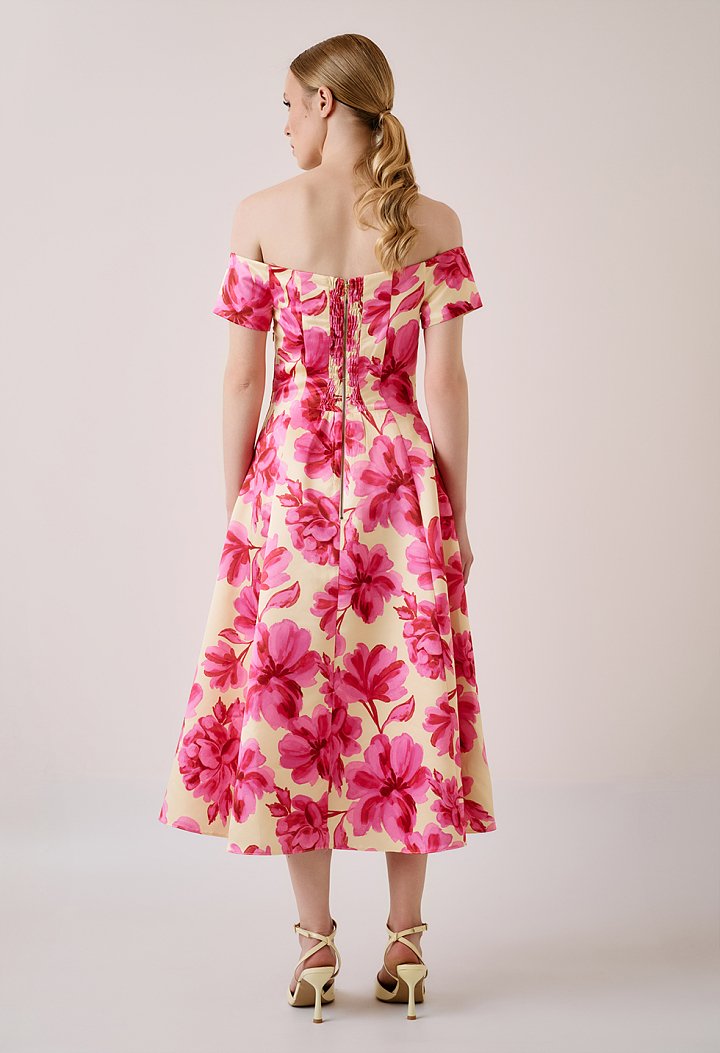 Floral midi dress with off-shoulder design