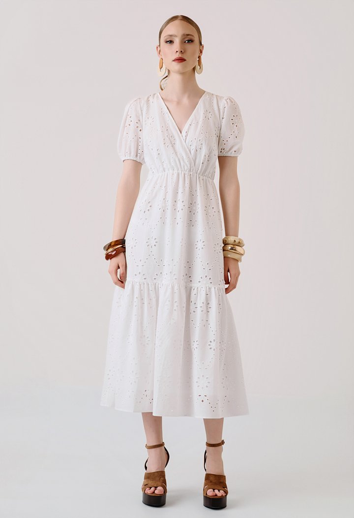 Midi broderie dress with puff sleeves