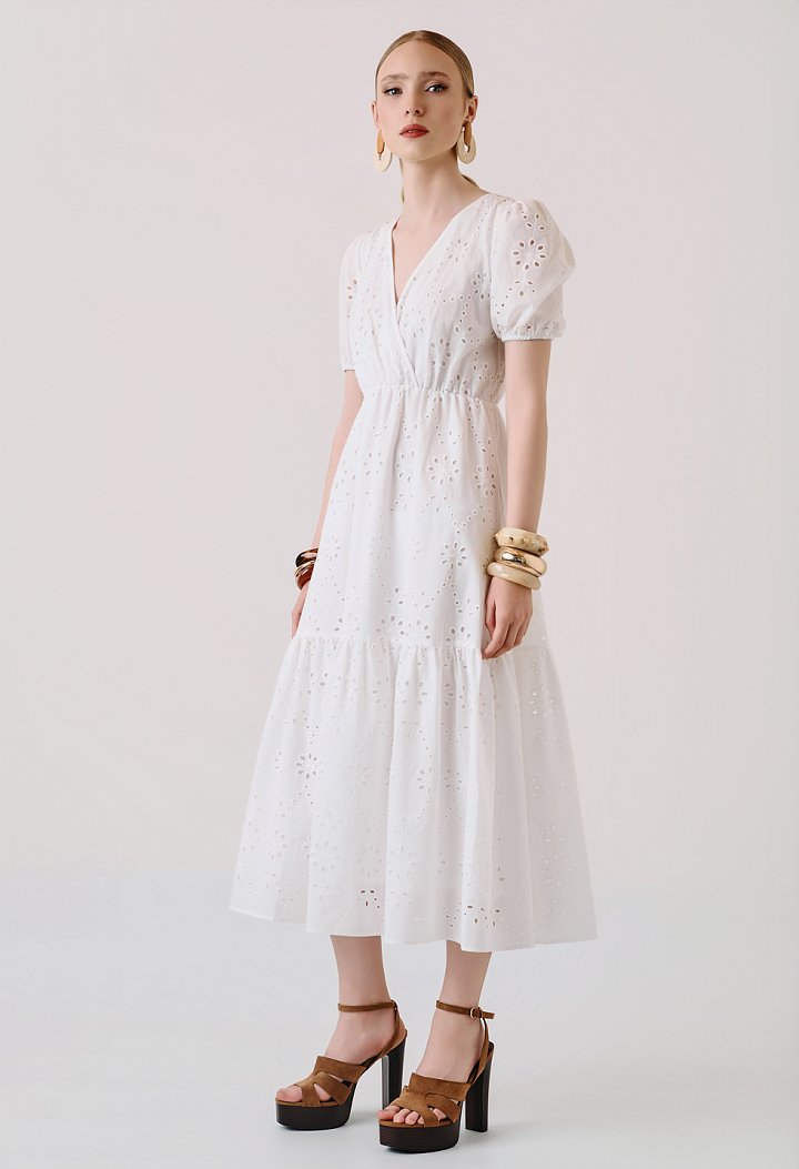 Midi broderie dress with puff sleeves