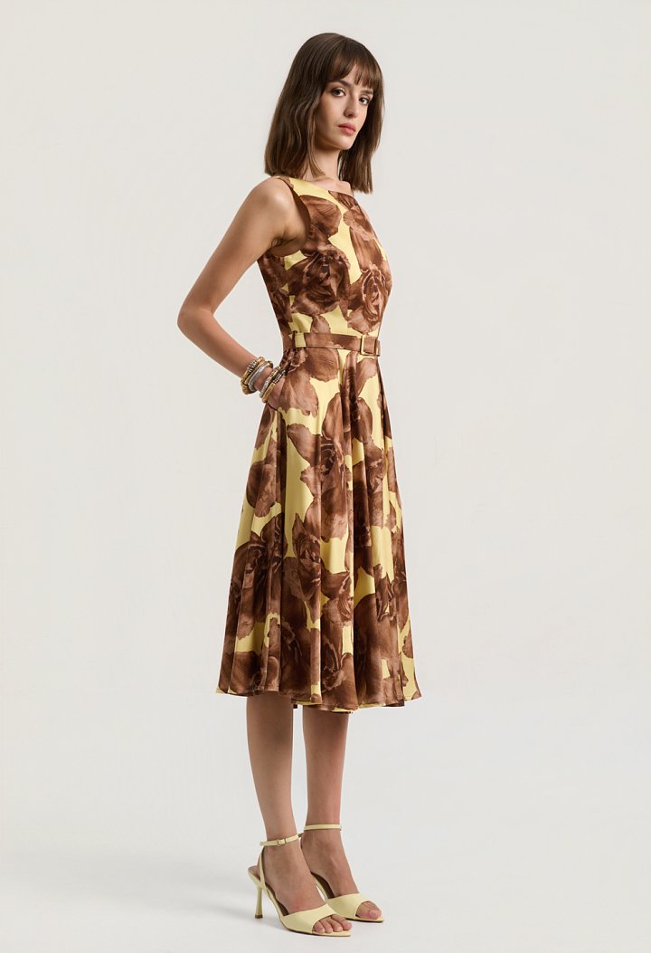 Floral midi dress with a belt and V-back