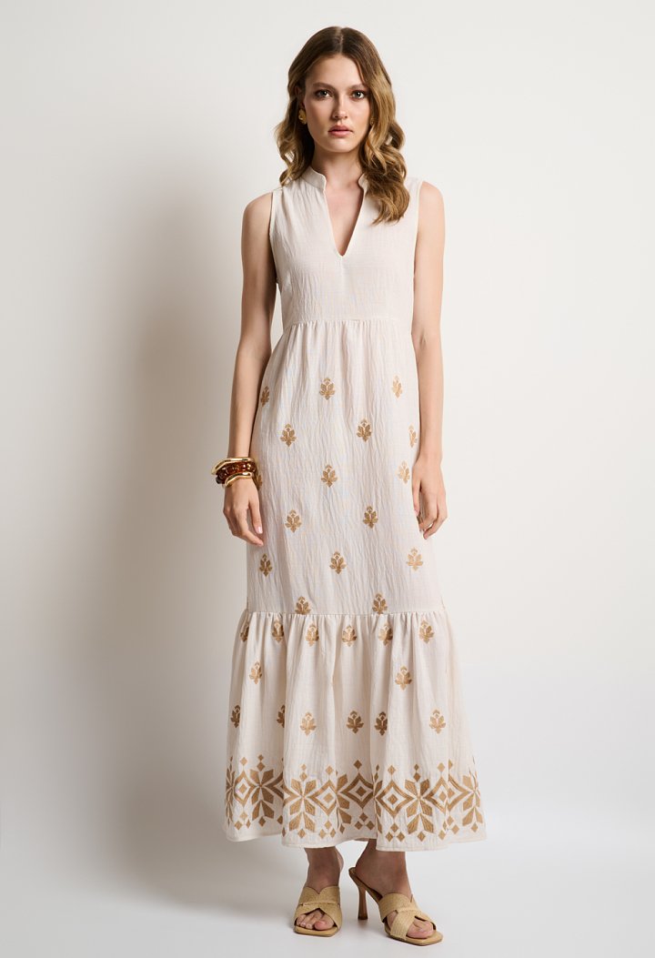 Sleeveless maxi dress with gold embroidery