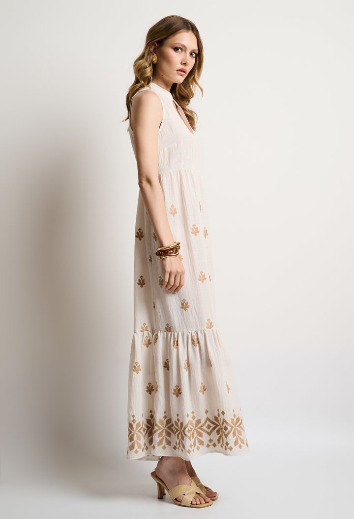 Sleeveless maxi dress with gold embroidery
