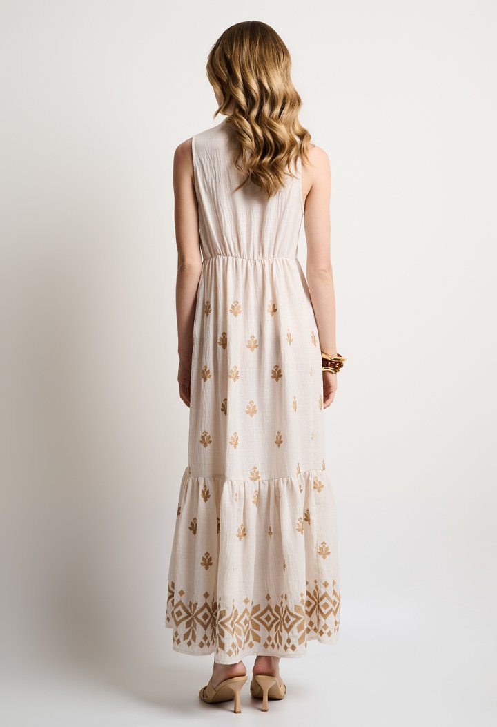 Sleeveless maxi dress with gold embroidery
