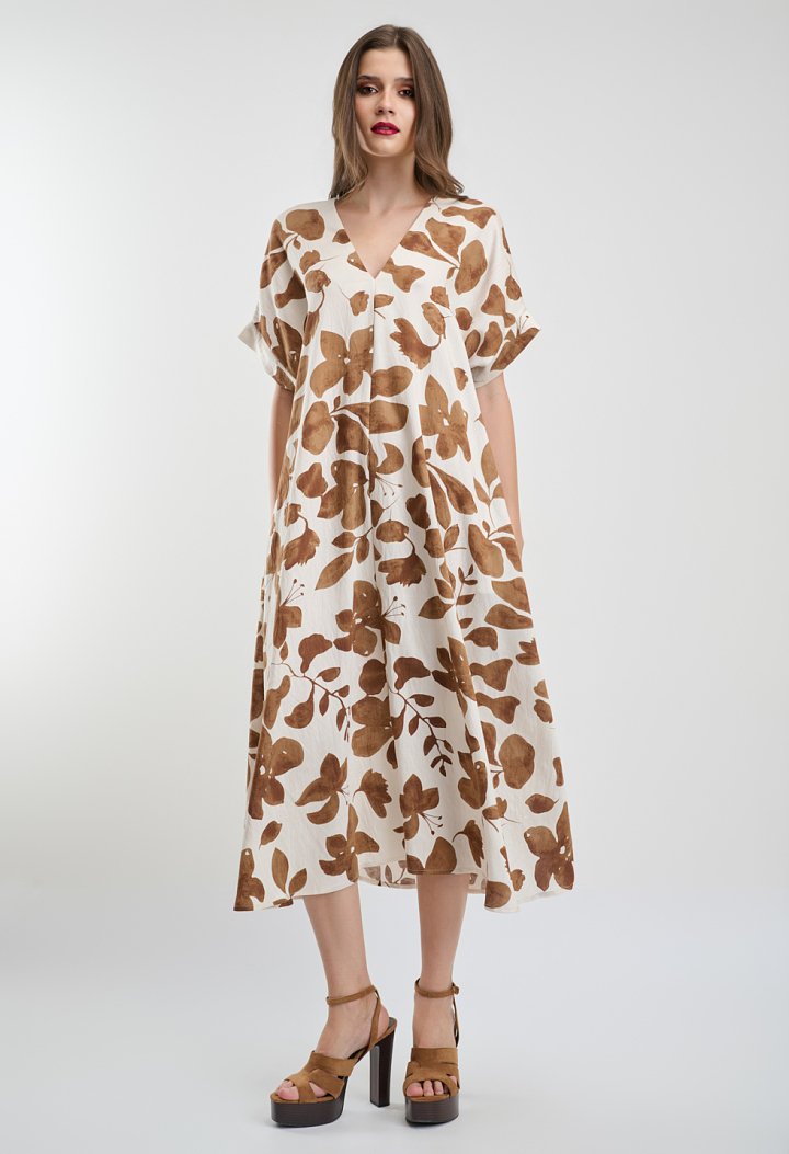 Λευκό midi φόρεμα με καφέ floral print