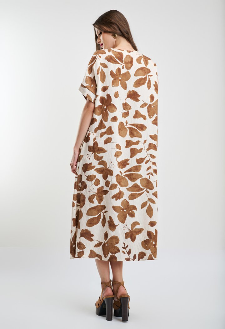 Λευκό midi φόρεμα με καφέ floral print