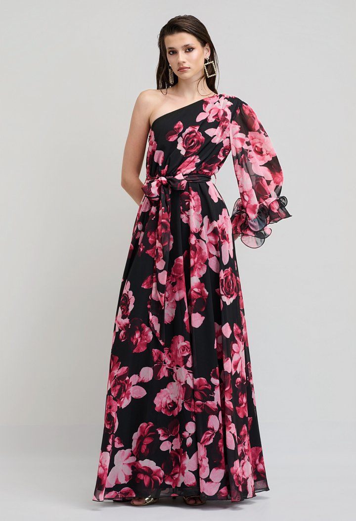 Floral maxi αμπιγιέ φόρεμα one shoulder με ζώνη