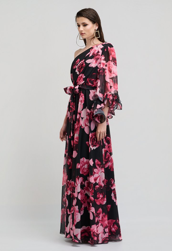 Floral maxi αμπιγιέ φόρεμα one shoulder με ζώνη