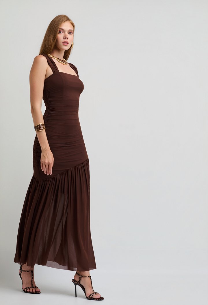 Midi τούλινο αμπιγιέ φόρεμα με σούρες