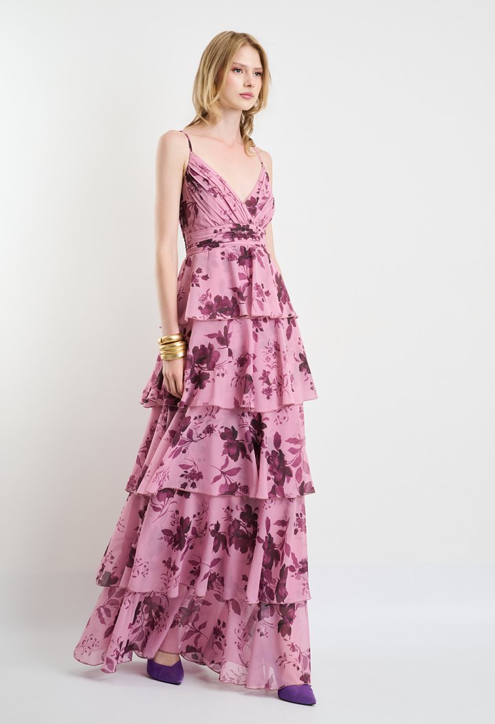Floral maxi dress with spaghetti straps and ruffle details
